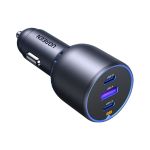 UGREEN Szivargyújtós autós gyorstöltő, 3 port, 2x USB-C, 1x USB-A, 75W, szürke