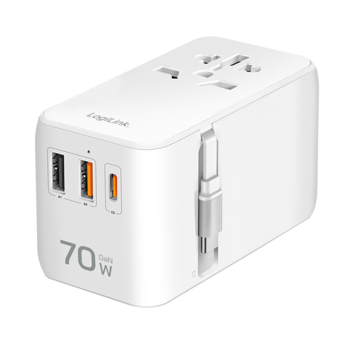 Logilink Univerzális utazó tápegység, 70 W (PD), 4x csatlakozások + kábel, tűzálló, fehér