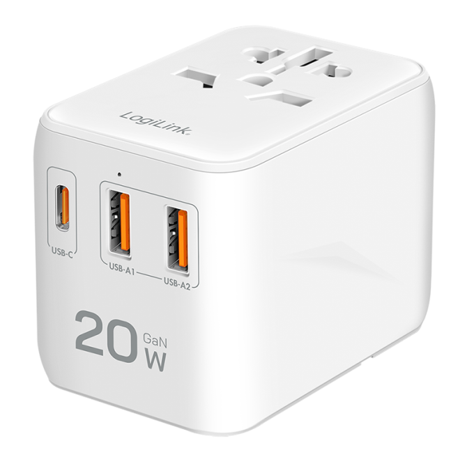 Logilink Univerzális utazó tápegység, 20 W (PD), 4x csatlakozók, tűzálló, fehér