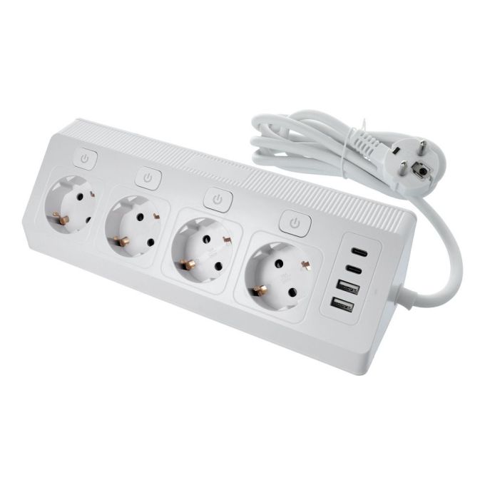 OEM E42 Elosztó 4 db max. 3680 W-os aljzattal, 2 db USB A csatlakozóval, 2 db C típusú porttal, 2 m-es fehér tápkábellel