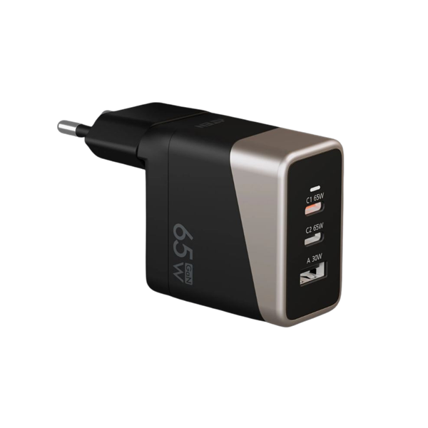ATEN Essentials hálózati töltő, 3 port, 65W, 2x USB-C, 1x USB-A, GaN, fekete