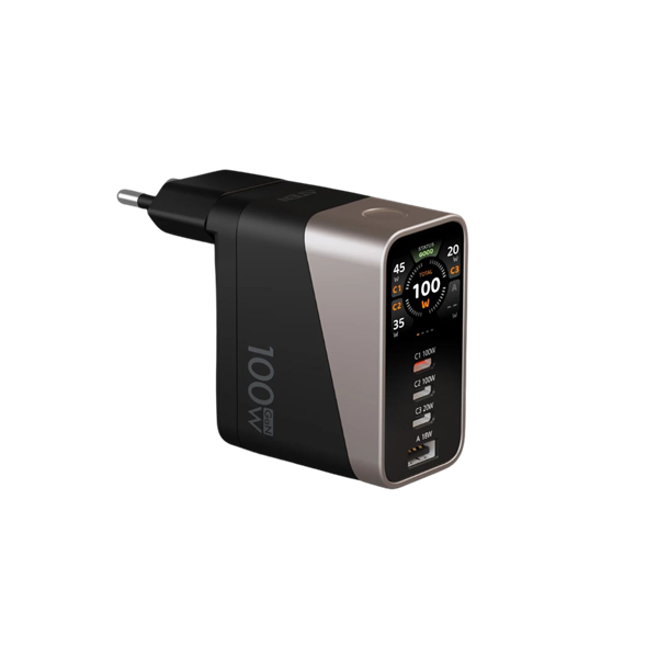 ATEN Essentials hálózati töltő, 4 port, Okos kijelző, 100W, 3x USB-C, 1x USB-A, GaN, fekete