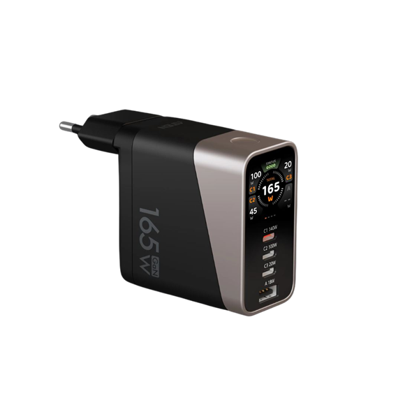 ATEN Essentials hálózati töltő, 4 port, Okos kijelző, 165W, 3x USB-C, 1x USB-A, GaN, fekete