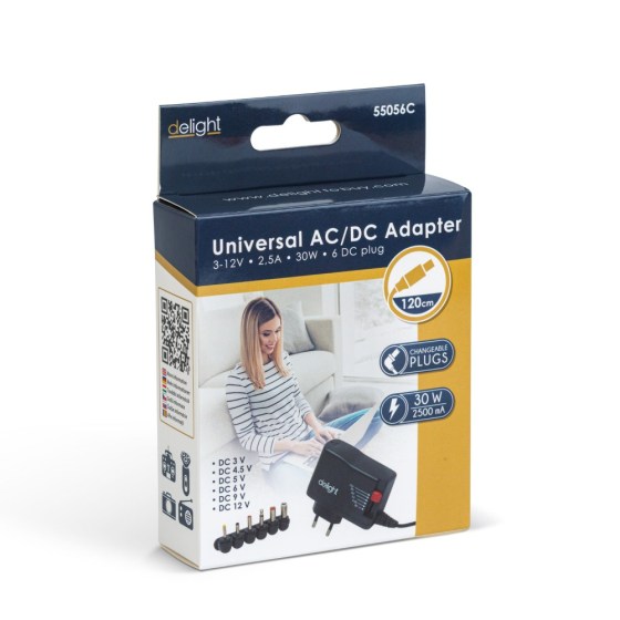 Delight Univerzális hálózati DC adapter 3V-12V, 2500mA, 6 különböző méretű csatlakozóva (55056C)