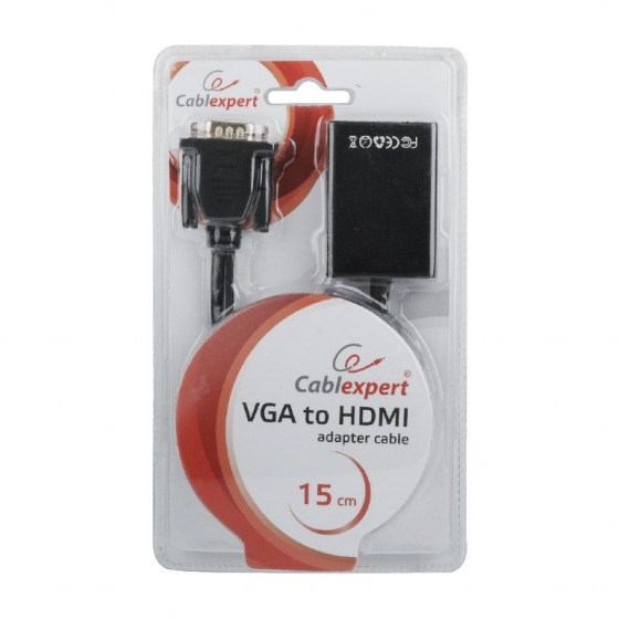 A-VGA-HDMI-01, VGA-HDMI adapterkábel, 0,15 m, fekete, átalakító, adapter, konverter, HDMI anya, HDMI female, VGA, XGA, SVGA, SXGA, UGA apa, VGA, XGA, SVGA, SXGA, UGA male