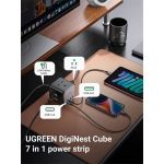 UGREEN PowerCube 7 az 1-ben hálózati elosztó, 65W, DigiNest Cube, 2x USB-C, 2x USB-A, 3x SCHUKO, 1,8m, fekete