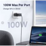 UGREEN hálózati töltő, 4 port, 3x USB-C, 1x USB-A, GaN, 100W, PD, szürke