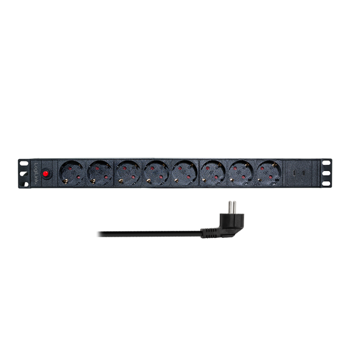 Logilink 19"-os 8 pólusú elosztó 2 USB-C porttal és túlterhelésvédelemmel
